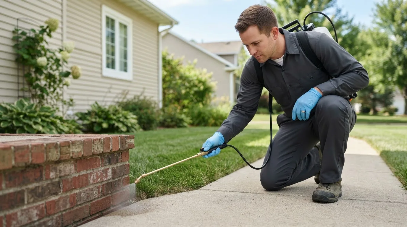 Pest control technician treating a home near Bird Island, MN